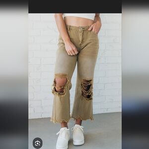 BiBi Distressed Wide Leg Jeans in Tan